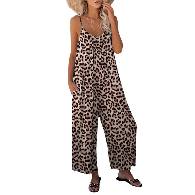 Casual Sleeveless Leopard-Print Jumpsuit With Pockets And A Relaxed Fit