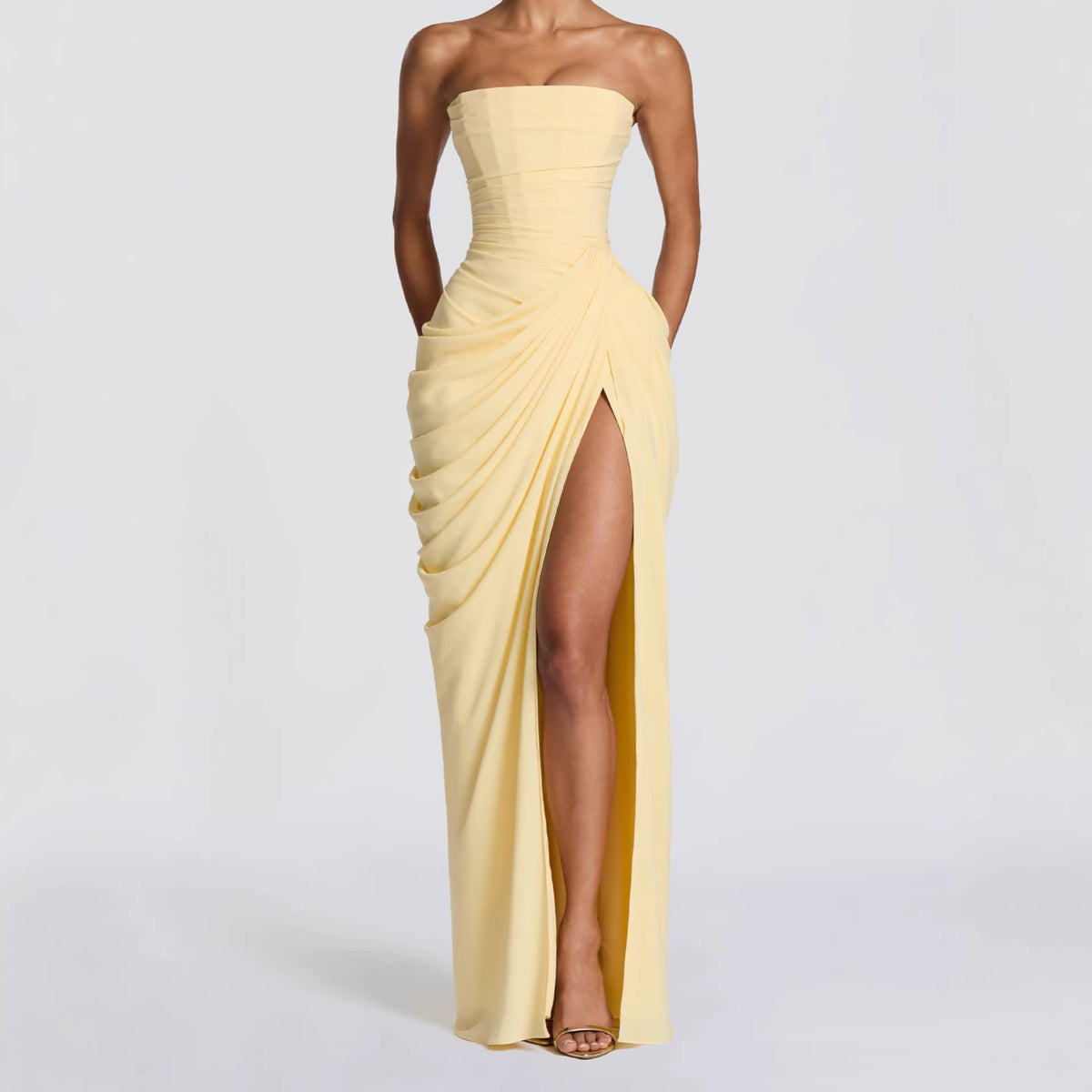 Split-style Spicy-chic Long Skirt with Pleated Waist and Strapless Design