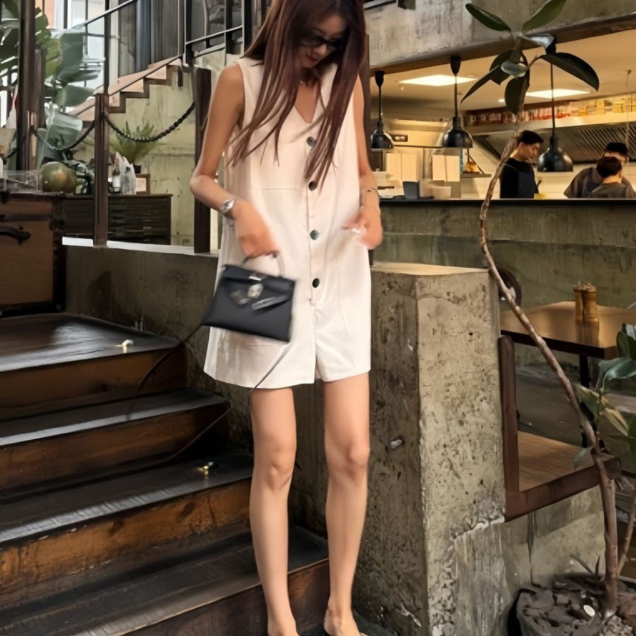 Womens Fashion Single-Breasted Sleeveless Jumpsuit Vest