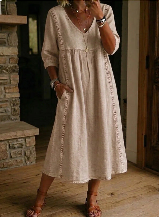 Casual Loose V-neck Stitching Lace Linen Cotton Dress