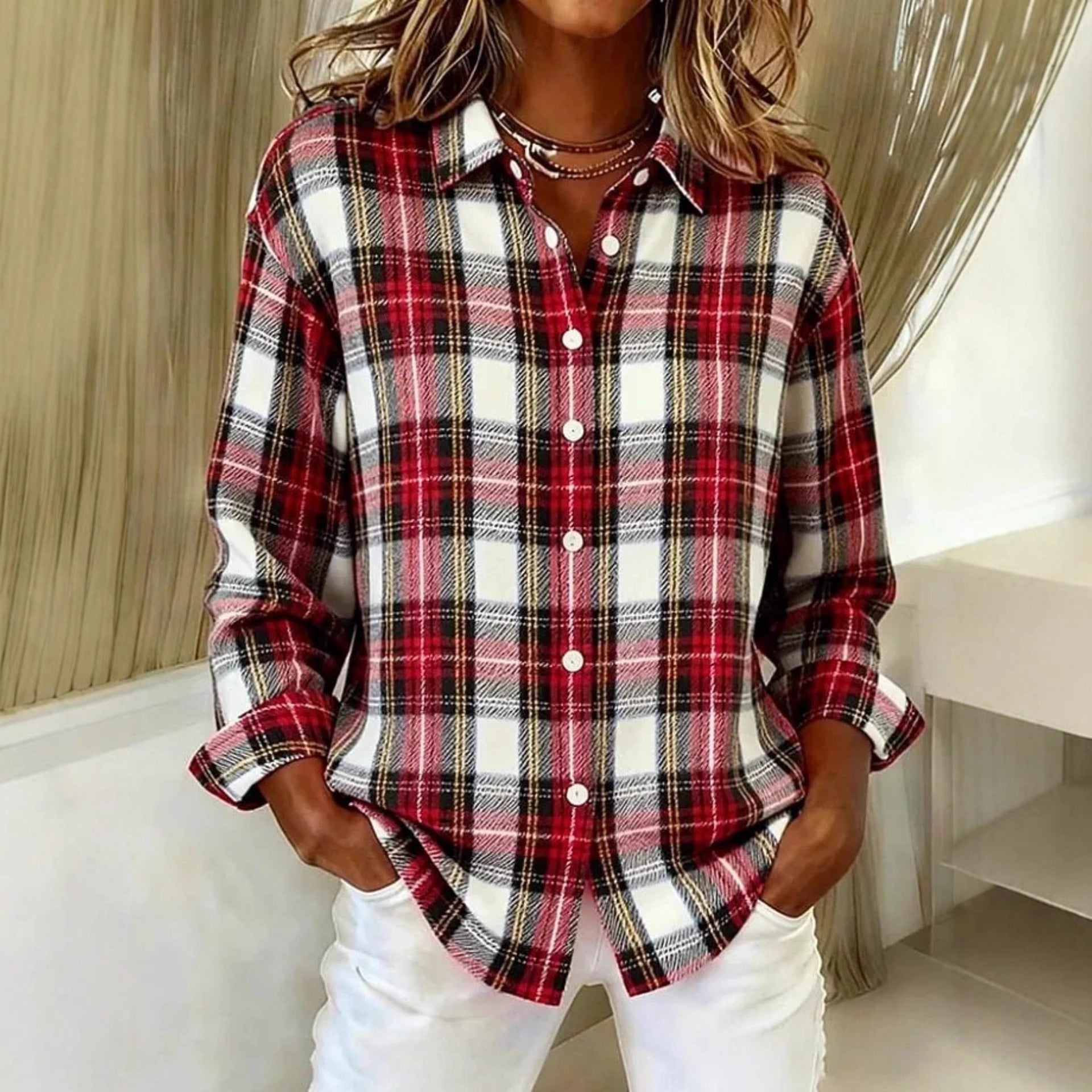 Womens Unique Plaid-Print Trendy Long-Sleeve Shirt