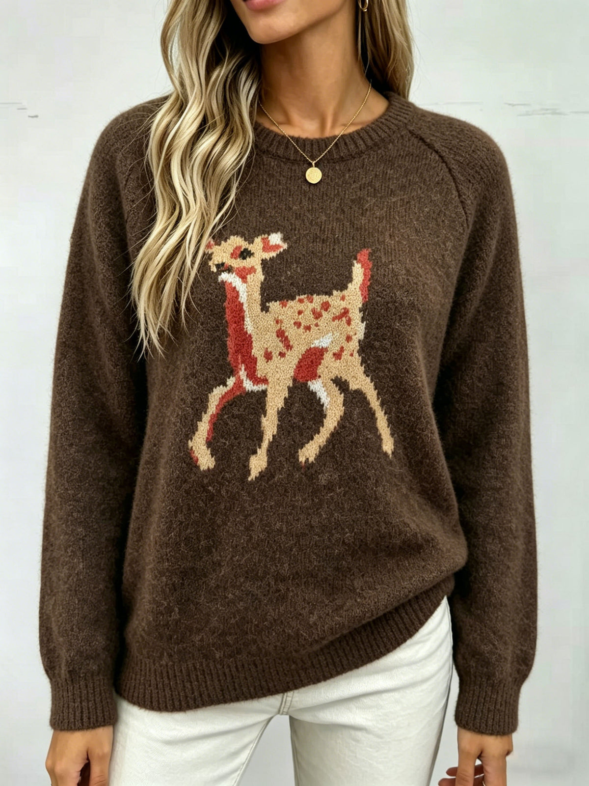 Womens Christmas-themed Cartoon Deer Jacquard Sweater