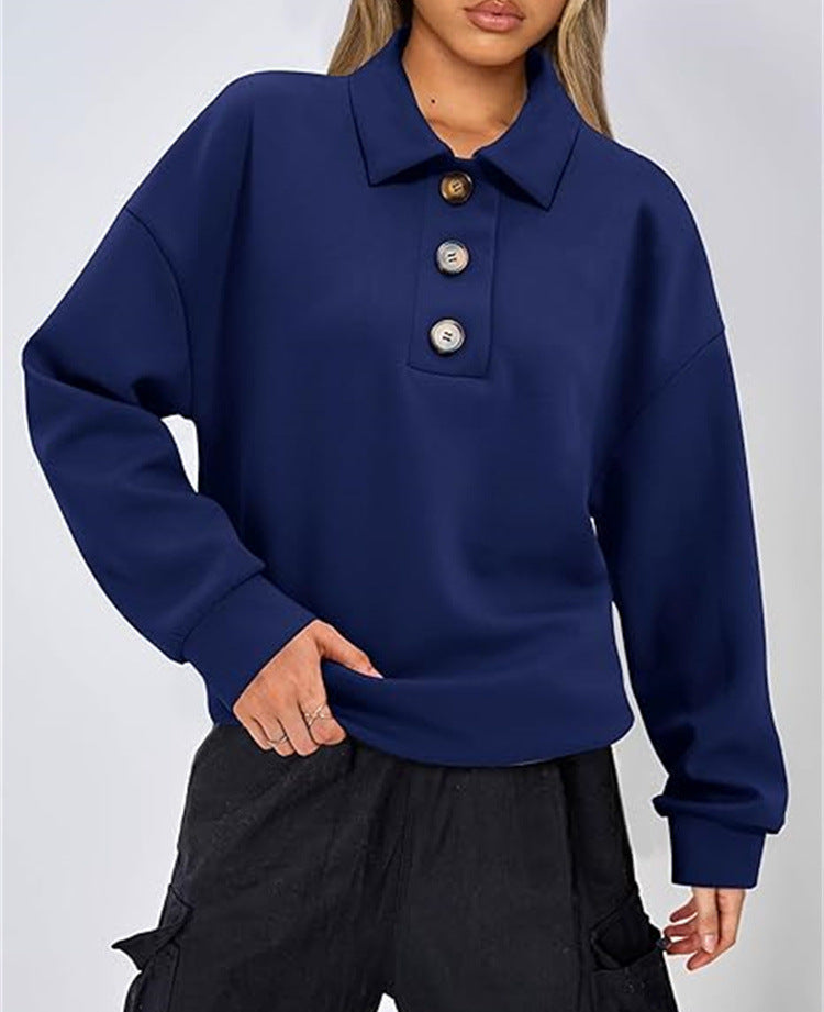 Cozy Solid Color Polo Collar Loose Long Sleeve Sweatshirt