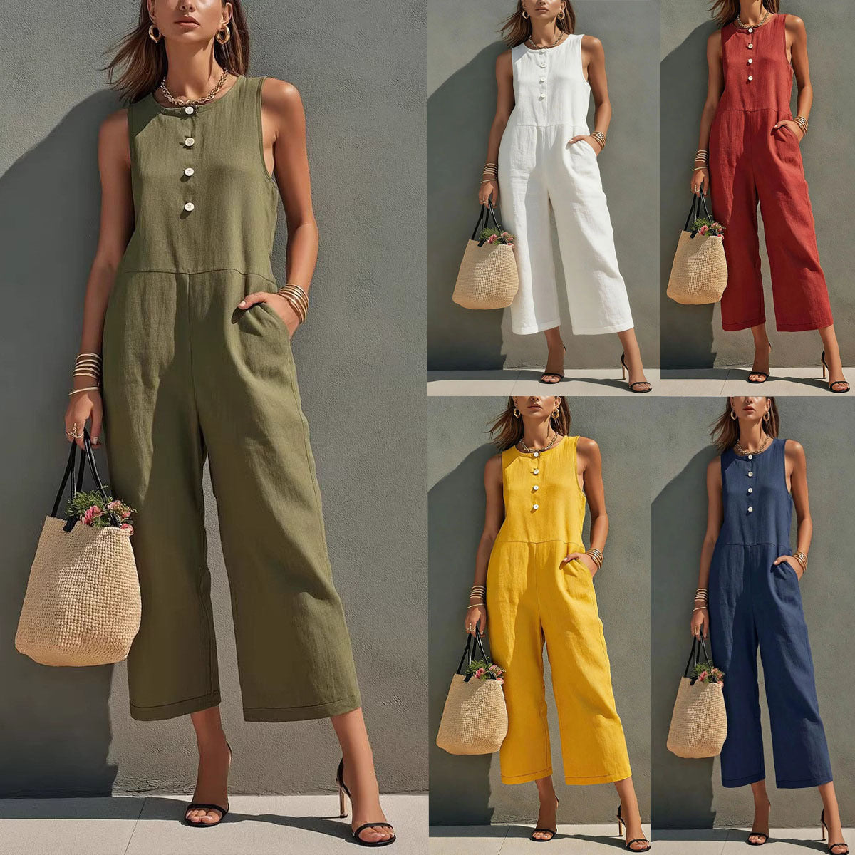 Elegant Sleeveless Wide-Leg Button Jumpsuit