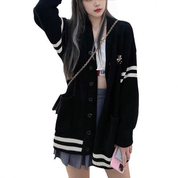 Korean-style V-neck Color-block Striped Elegant Sweater