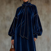 New High-neck Velvet Dress with Bow
