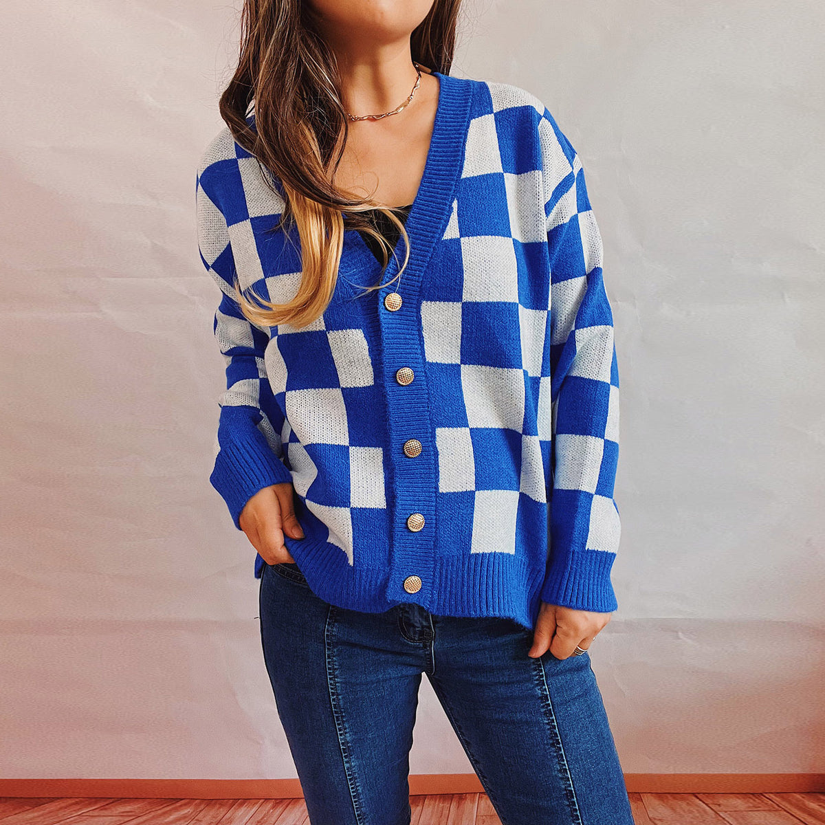 Asian Contrast Color Chessboard Plaid Autumn and Winter Women's Sweater