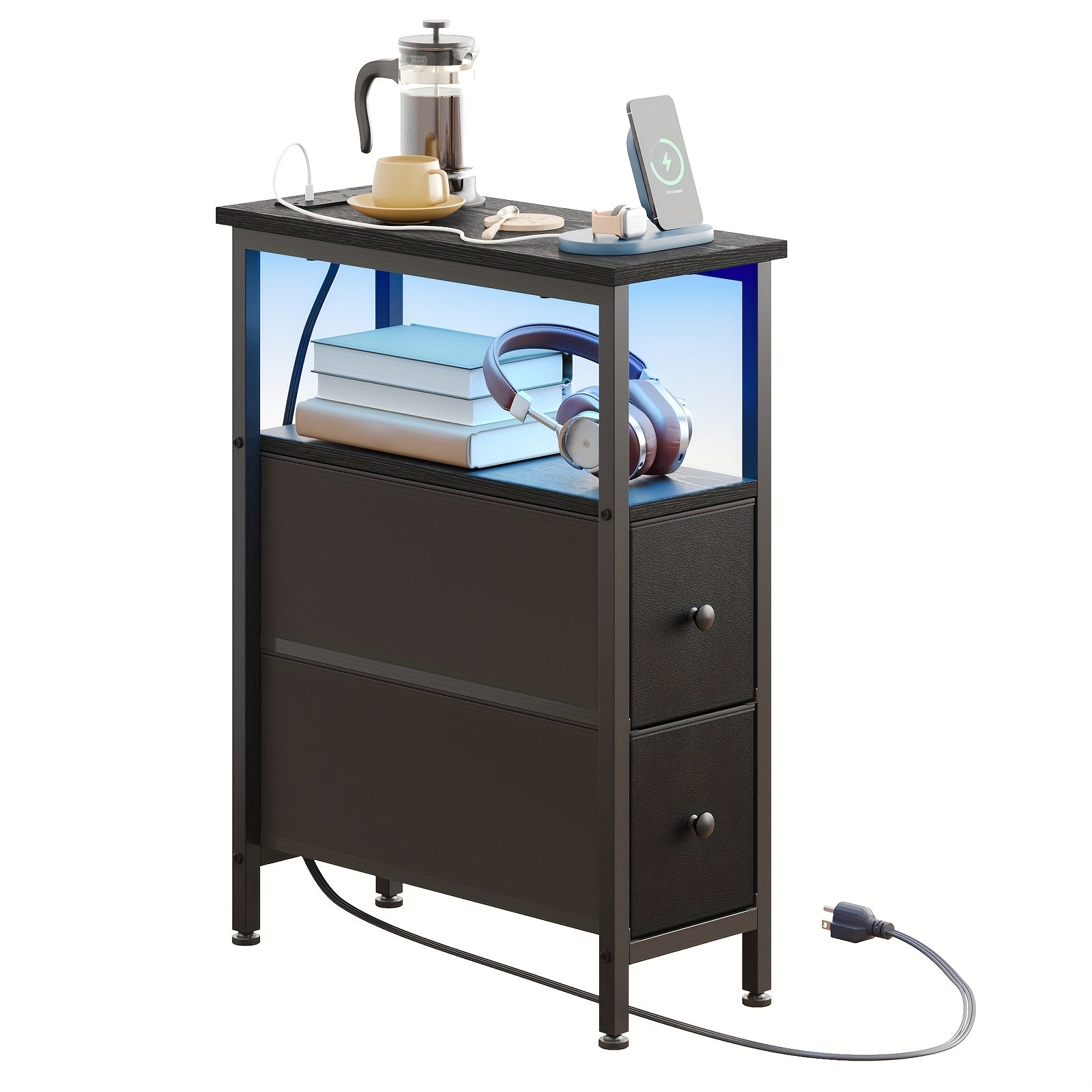 Slim End Table with Built‑In Charging Station and Two Fabric Drawers – Compact Nightstand with Cloth Storage for Small Spaces