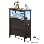 Slim End Table with Built‑In Charging Station and Two Fabric Drawers – Compact Nightstand with Cloth Storage for Small Spaces