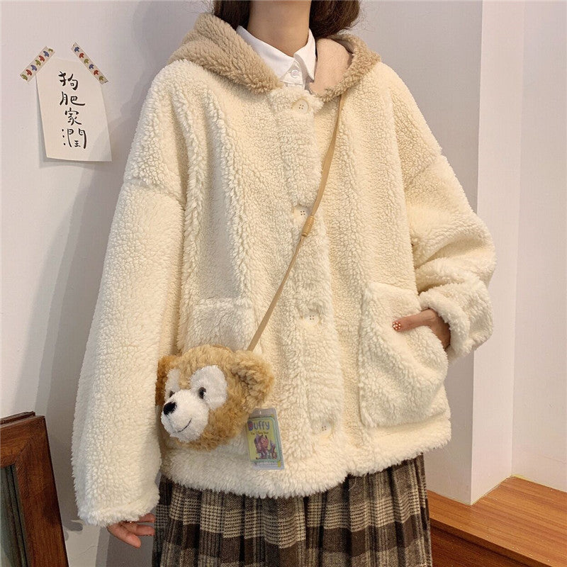 Cute Bear Ear Lamb Wool Winter Cardigan