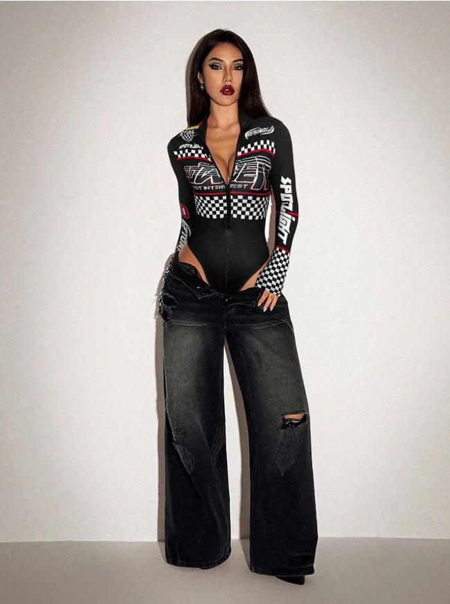 Women's Printed Slim-Fit Long-Sleeve Jumpsuit