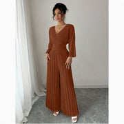 Elegant V-Neck High-Waist Pleated Jumpsuit