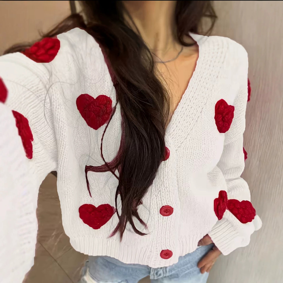 Womens Fashionable Knitted Cardigan with Heart Motifs