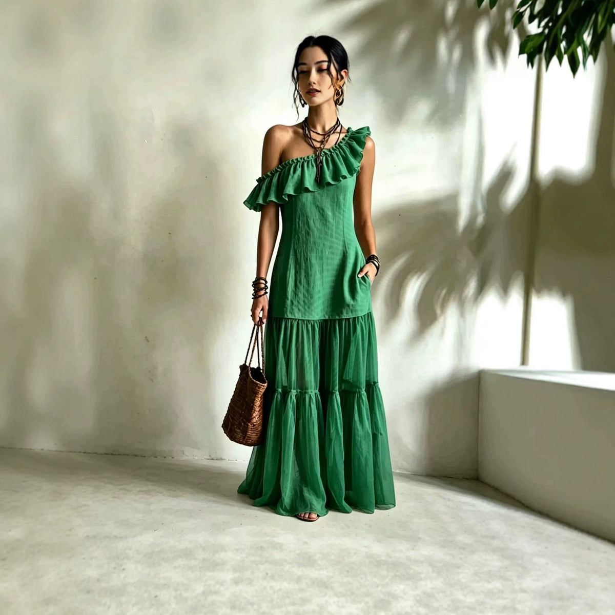 Sleeveless Off-shoulder Ruffled Womens Dress