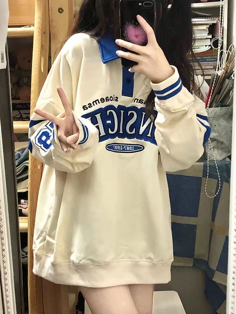 Retro Japanese Color-Block Loose Long Sleeve Pullover Sweatshirt