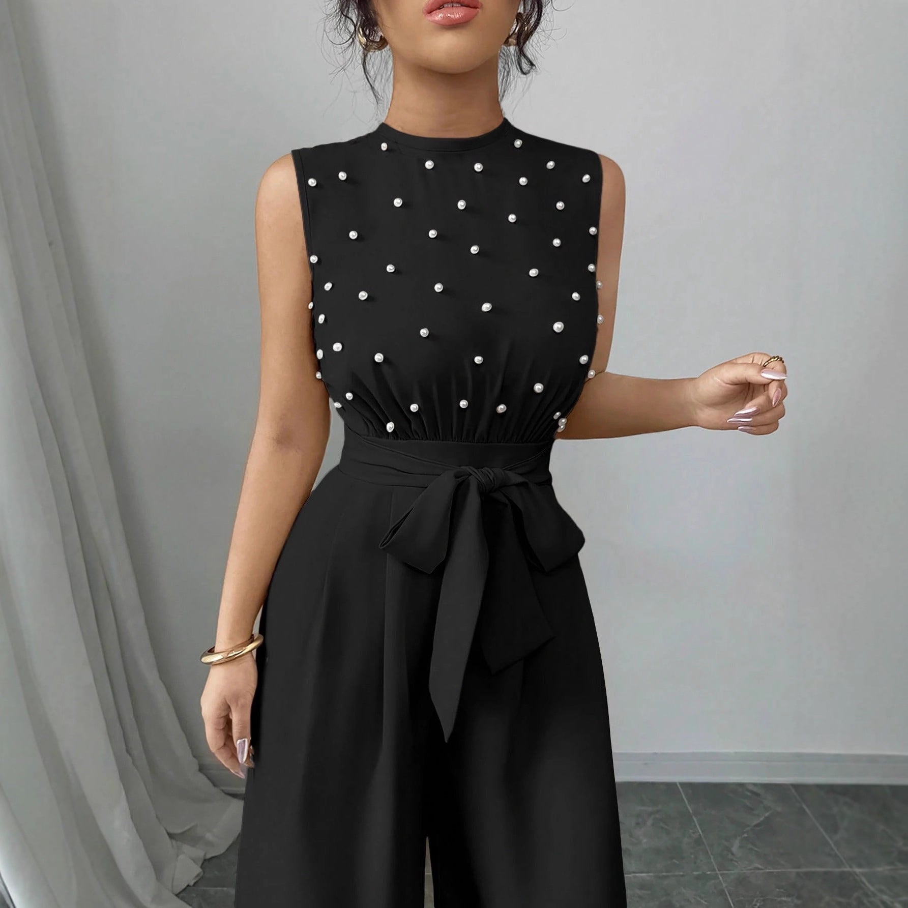 Black Polka Dot Sleeveless Wide-Leg Jumpsuit