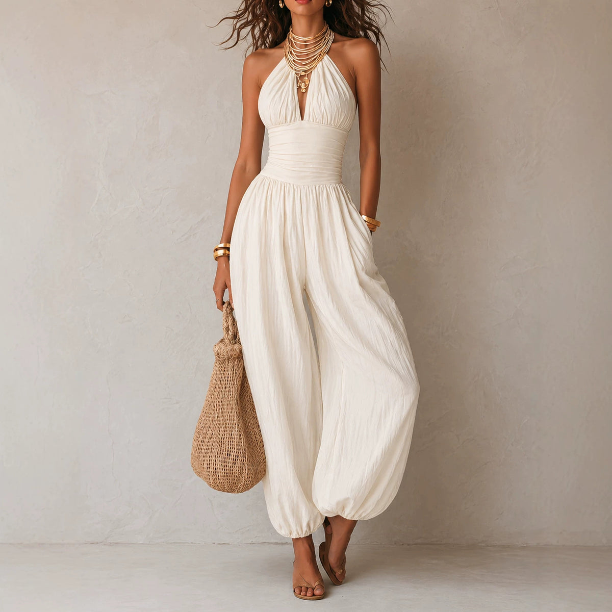 Bohemian Backless Wide-Leg Halter Jumpsuit