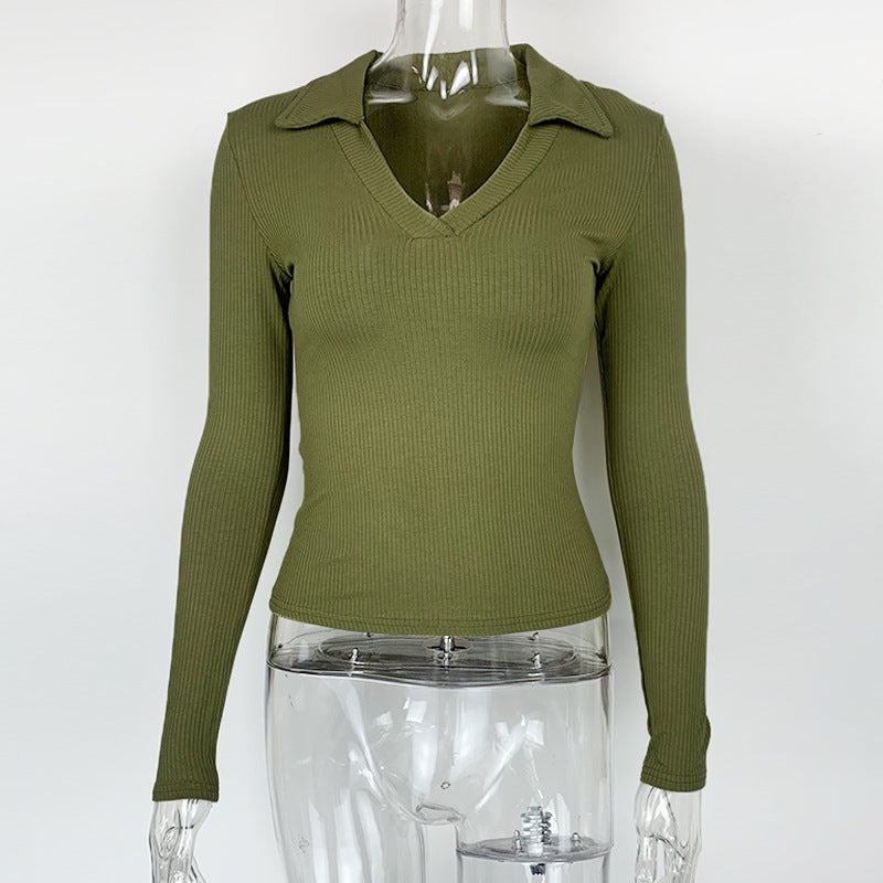 French-style Elegant Polo-neck Tight-fitting Pure Cotton Ribbed Fabric Deep V-neck Long-sleeve T-shirt