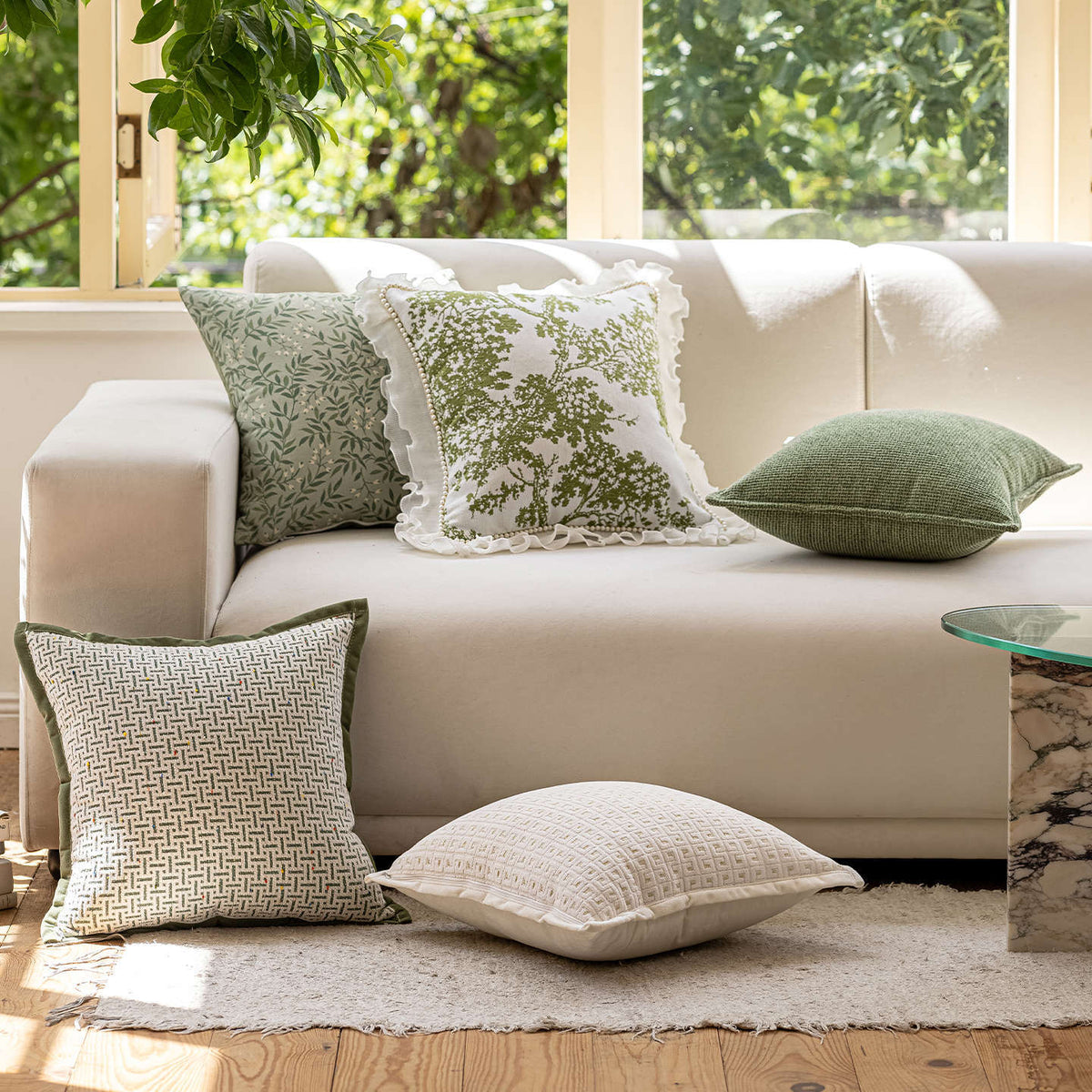 Mori Green Plant Throw Pillow - 45x45cm Knitted Living Room Decor