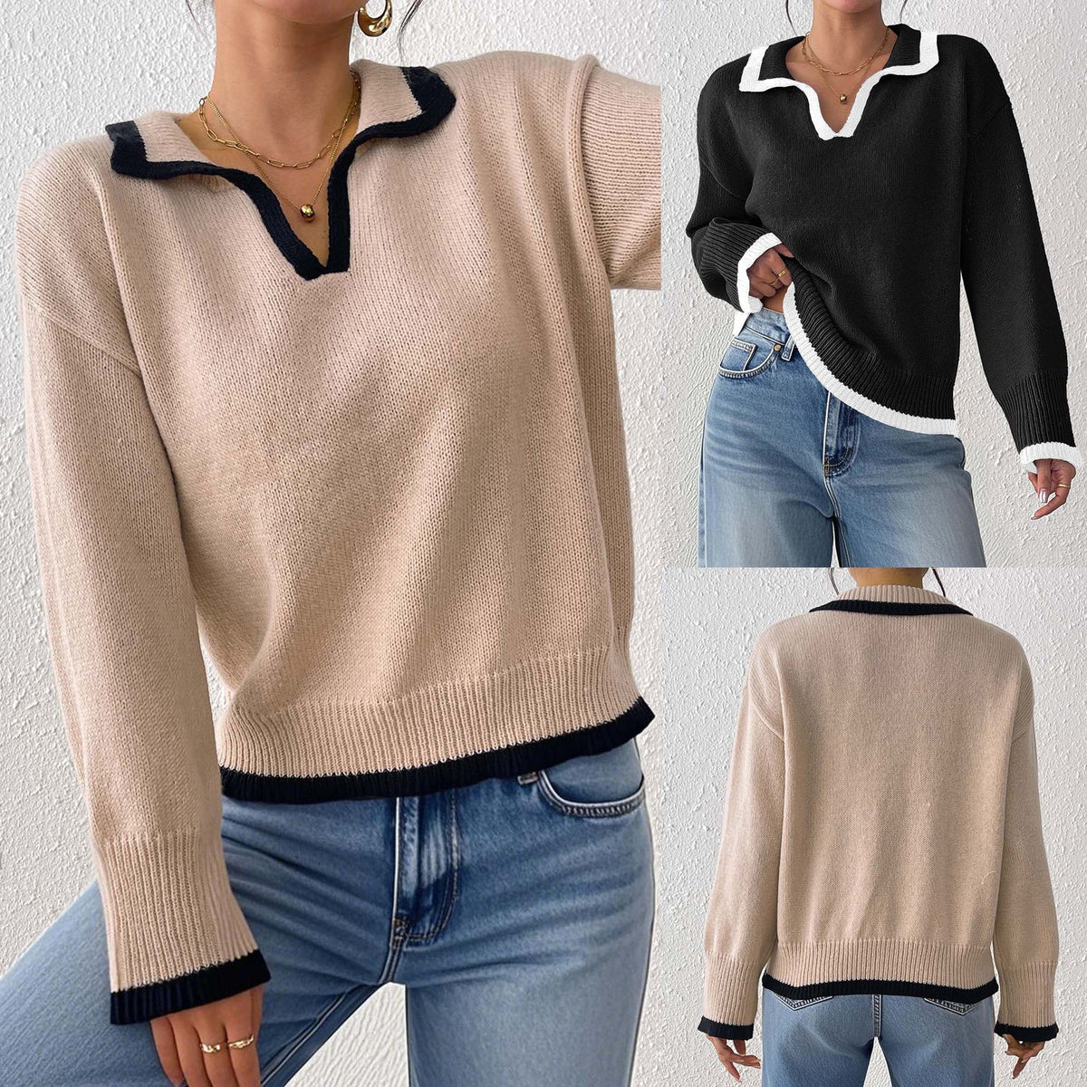 Notch-collar Color-block Patchwork Pullover Sweater