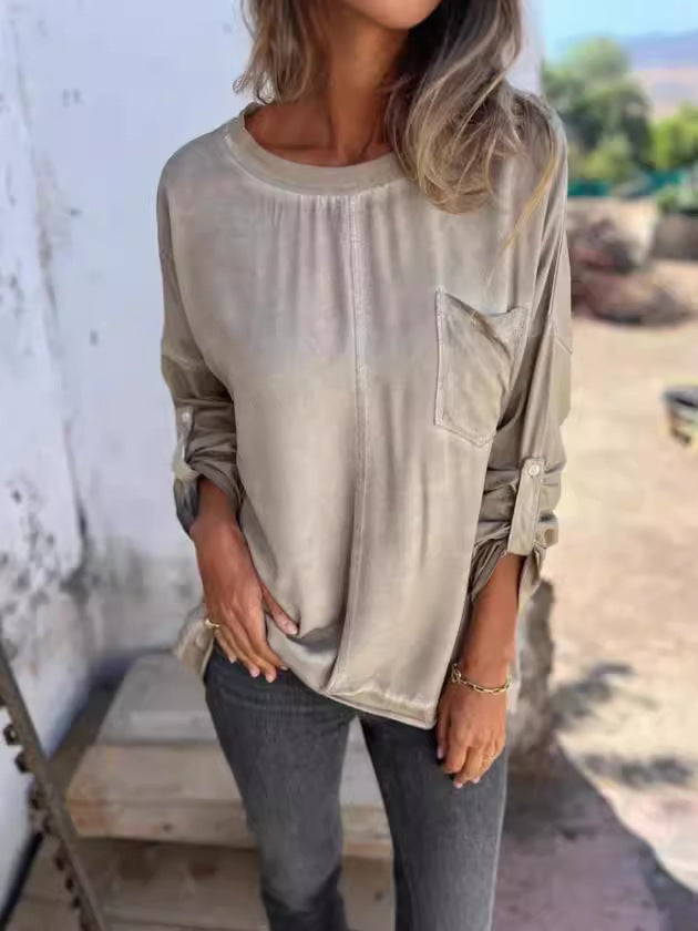 Women's Loose Pocket Pullover Long Sleeve Top