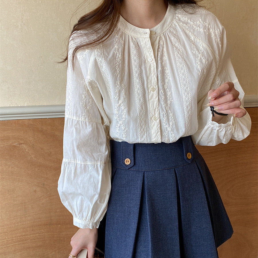 Womens Solid-Color Designer-Look Lace Lantern-Sleeve Shirt