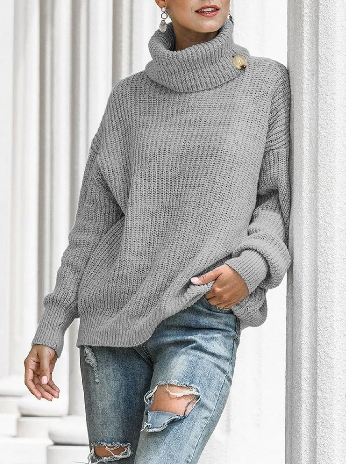 Autumn and Winter New Button Knitted Pullover Turtleneck Sweater