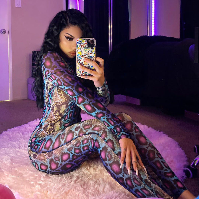 Women's Snake Print Long Sleeve Slim Jumpsuit
