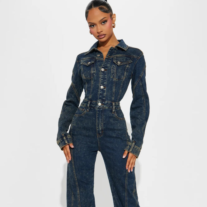 Washed Distressed Long-Sleeve Denim Jumpsuit