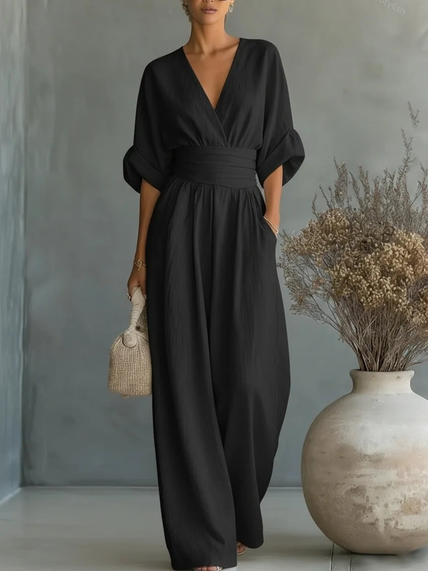 Elegant V-Neck Wide-Leg Waist-Cinching Jumpsuit
