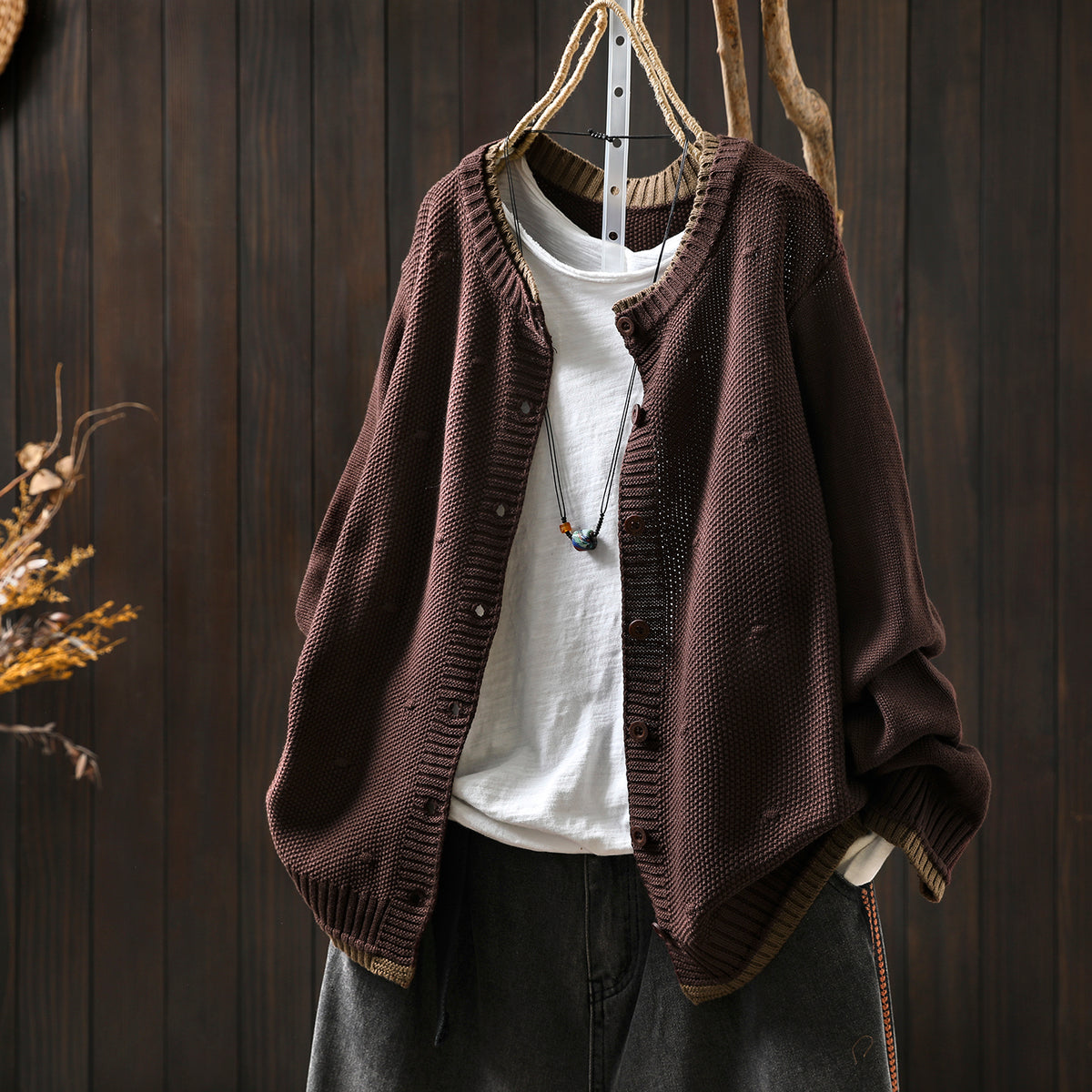 Women's Cardigan Sweater Coat Color Block Cotton Thread Knitting Retro Casual