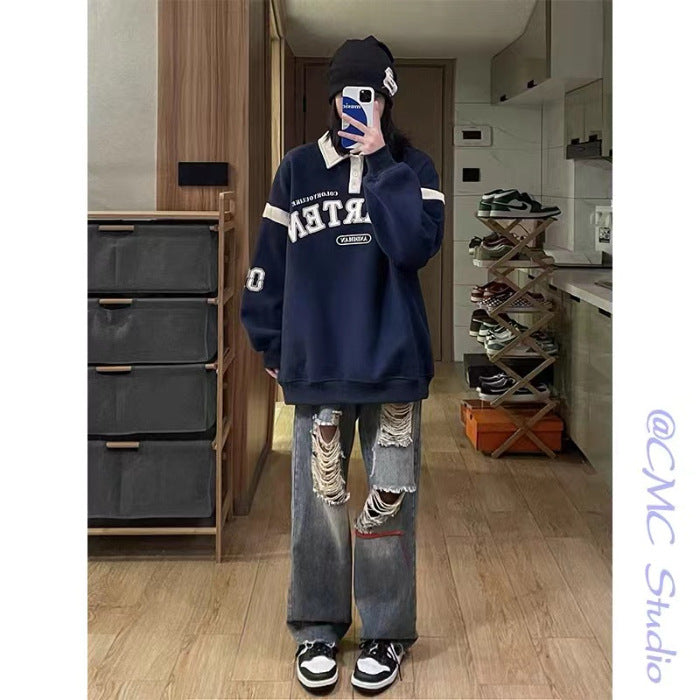 American Retro Contrast-color Stitching Sweatshirt Loose Casual Top