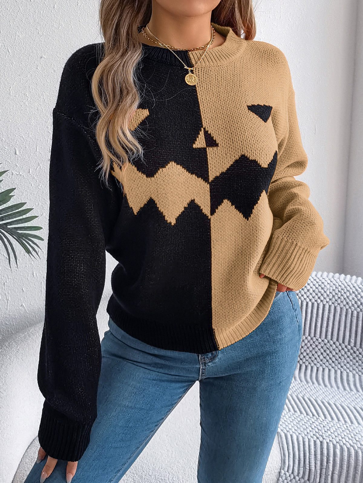 Ghost Pumpkin Contrast Color Long Sleeves Pullover