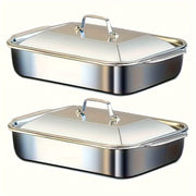 Stainless Steel Baking Pans 4pcs Set of 2 Deep Dishes and 2 Handle-Lid Stainless Steel Rectangular Baking Pans | 6L Capacity, 16.14-Inch Deep Roasting Pan, Fish Grill Tray, Lasagna Dish, Dishwasher...