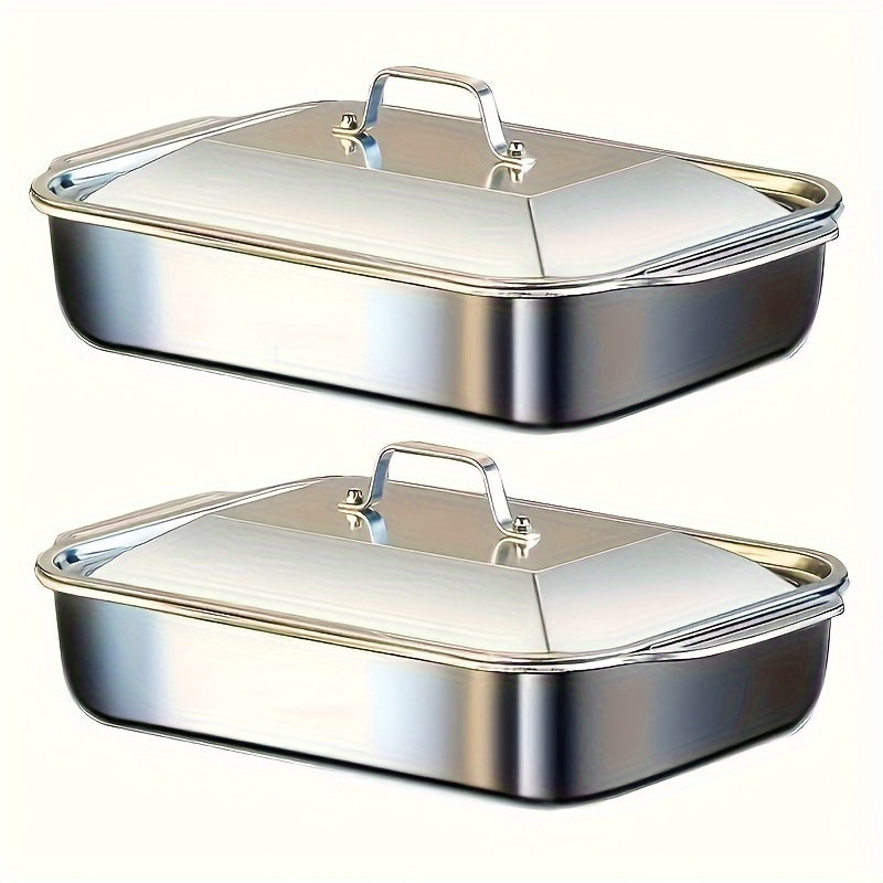 Stainless Steel Baking Pans 4pcs Set of 2 Deep Dishes and 2 Handle-Lid Stainless Steel Rectangular Baking Pans | 6L Capacity, 16.14-Inch Deep Roasting Pan, Fish Grill Tray, Lasagna Dish, Dishwasher...