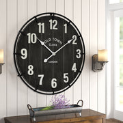 [Rustic Farmhouse Wall Clock] Large 24 Inches Rustic Old Town Farmhouse Wall Clock | Antique Wood with Metal Circle, Silent Battery Operated, Black - For Office, Kitchen, Bedroom, Living Room