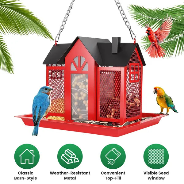 Classic Barn Bird Feeder House with Visible Window