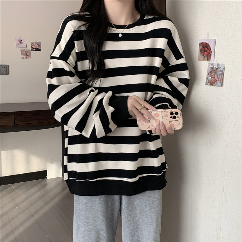 Retro Striped Crew Neck Casual Sweatshirt for Women