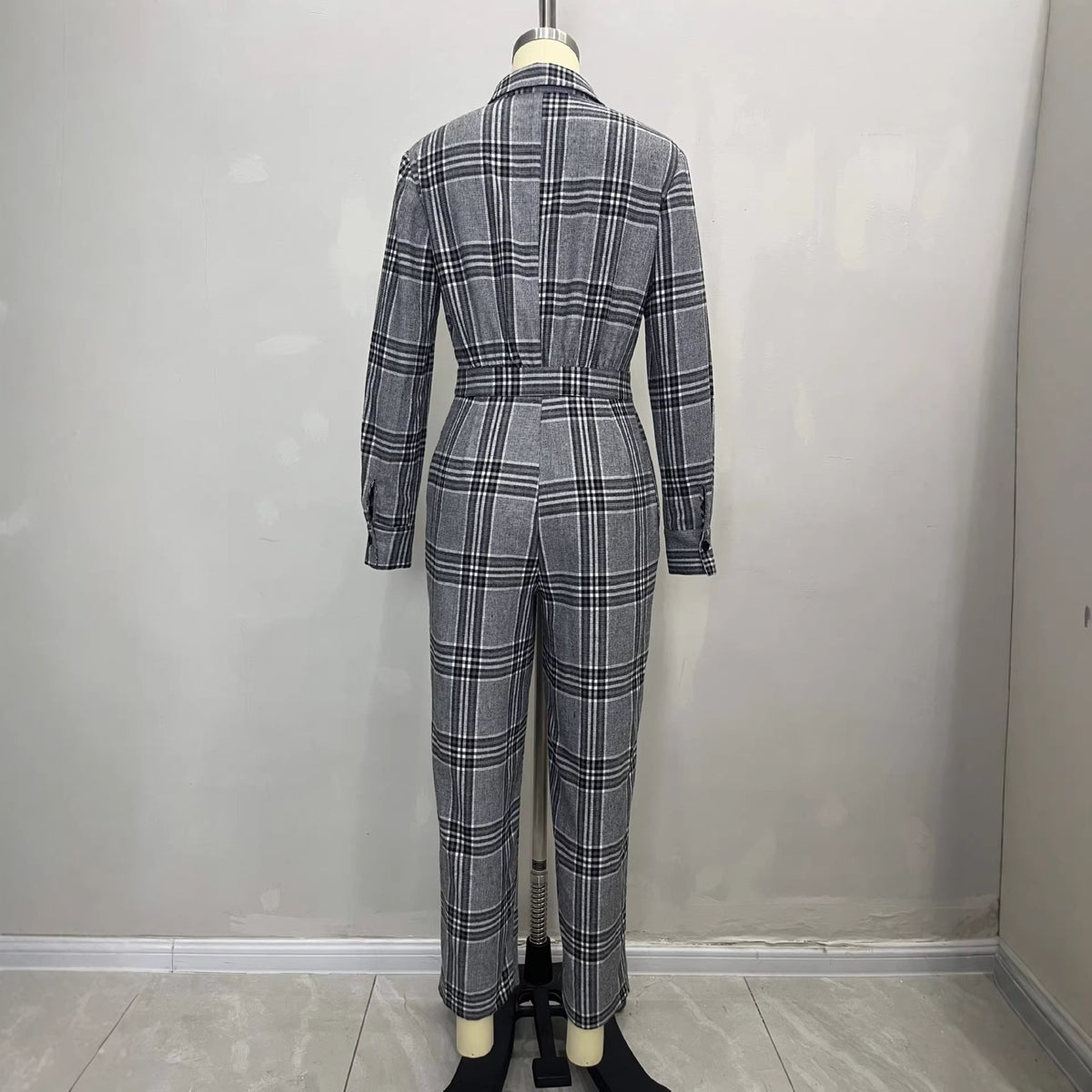 Retro Plaid High-Waisted Pocket Jumpsuit