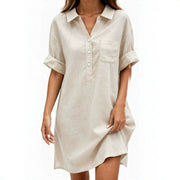 Cotton-linen Solid-color Shirt-collar Casual Breathable Dress