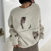 Cute Cat Print Thermal Round-Neck Sweatshirt