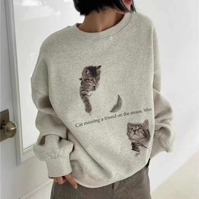 Cute Cat Print Thermal Round-Neck Sweatshirt