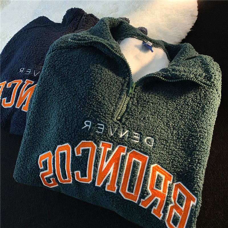 Cozy Retro Half-Zip Lambswool Hoodie with Embroidery