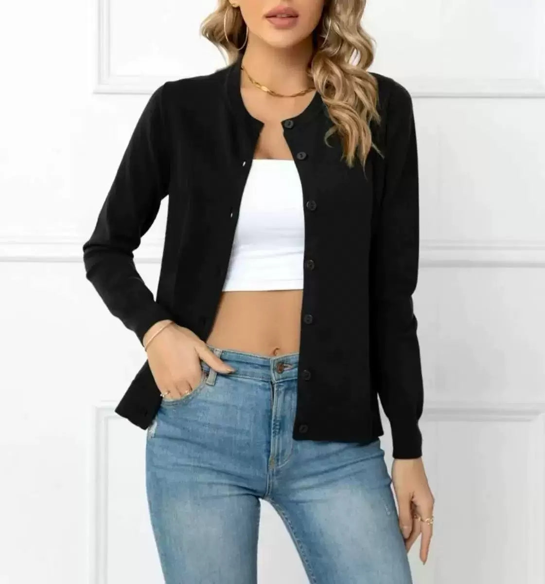 Round Neck Solid Color Knitted Slim Top Long Sleeved Slimming Sweater Fashionable Button Up Cardigan Sweater