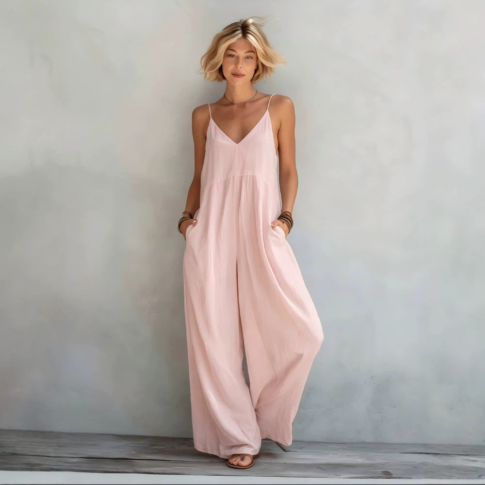 SpringSummer New Womens Solid-Color Cotton-Linen V-Neck Lace-Up Suspender Wide-Leg Jumpsuit