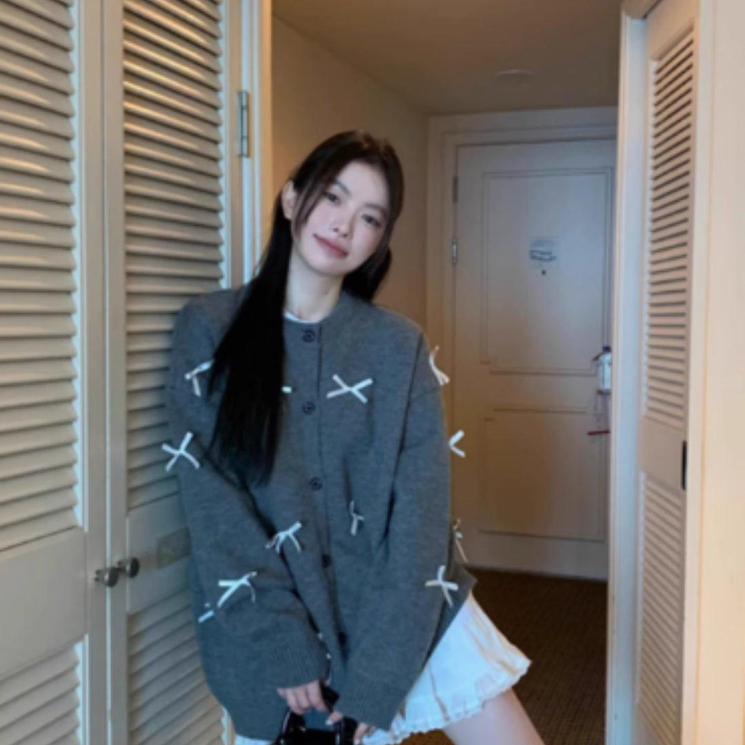 Bow Tie Round Neck Sweater Jacket for Women, Loose in Winter