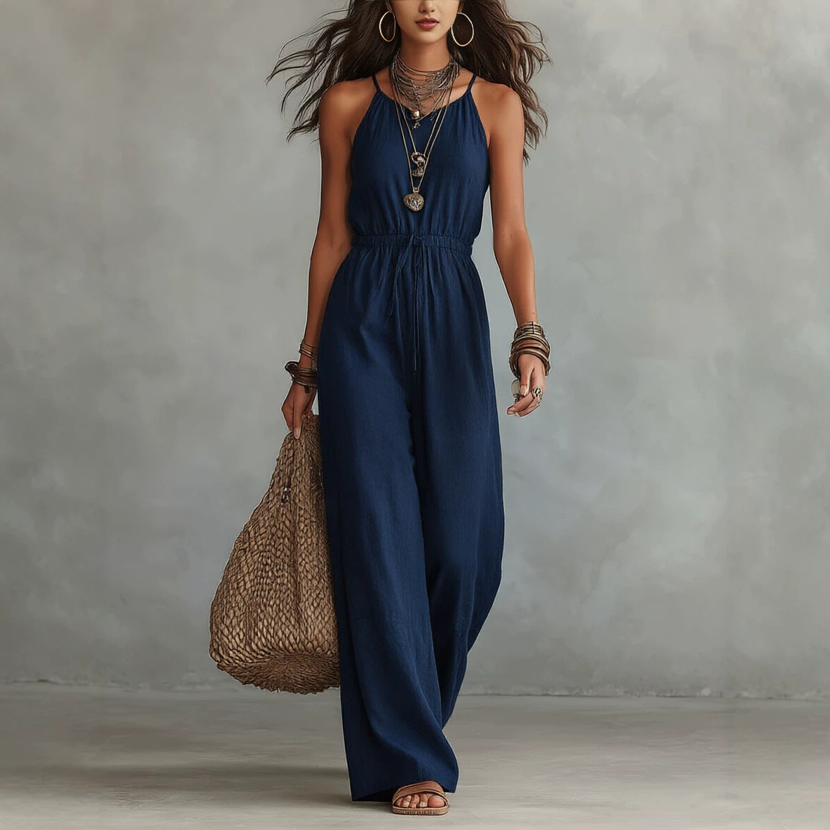 Womens Strap-style Loose-fit Wide-leg Casual Jumpsuit