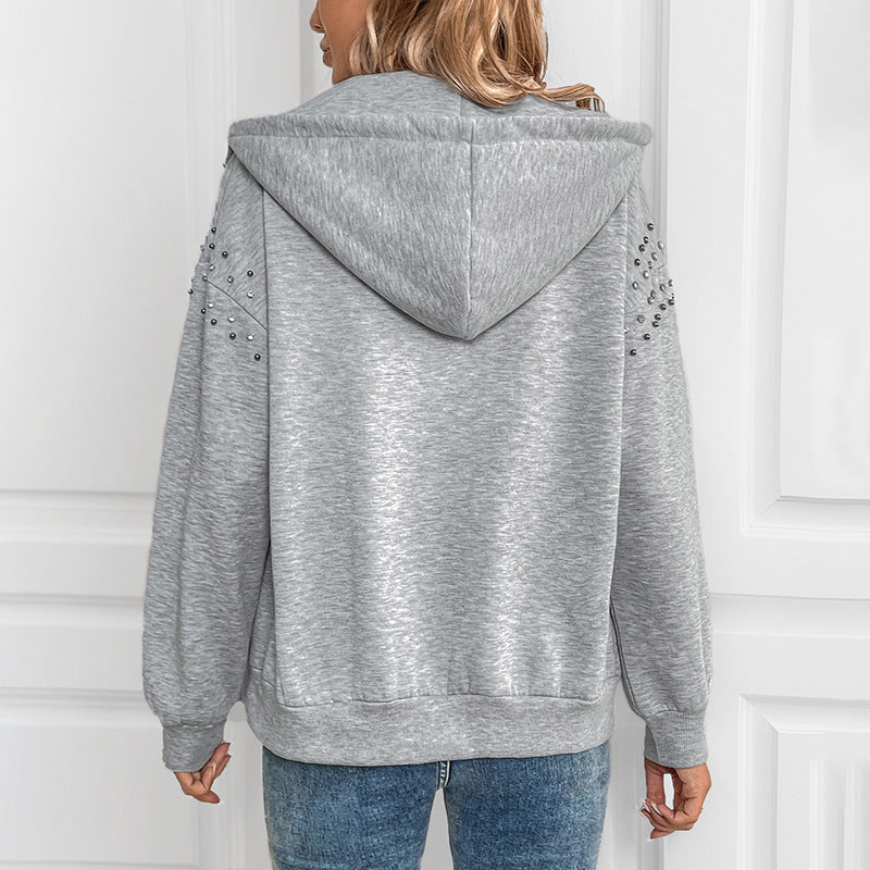 Chic Rivet Hooded Long Sleeve Sweater for Women