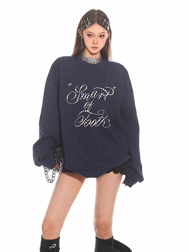 Pearl Inlaid Loose Round Neck Couple Sweater Top