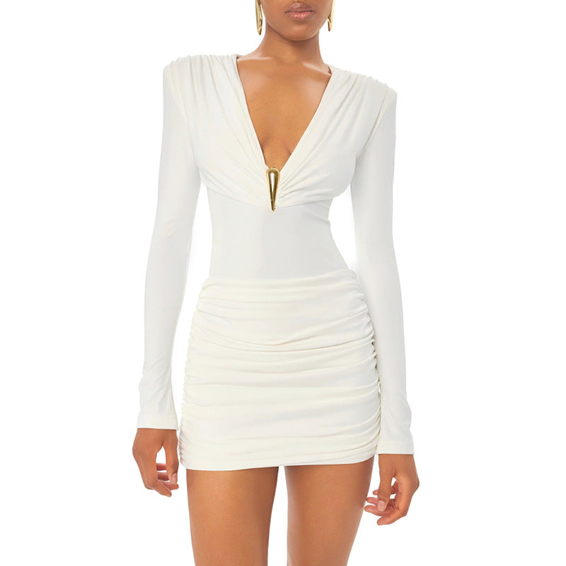 Chic Metal-Button Long-Sleeve Bodycon Dress